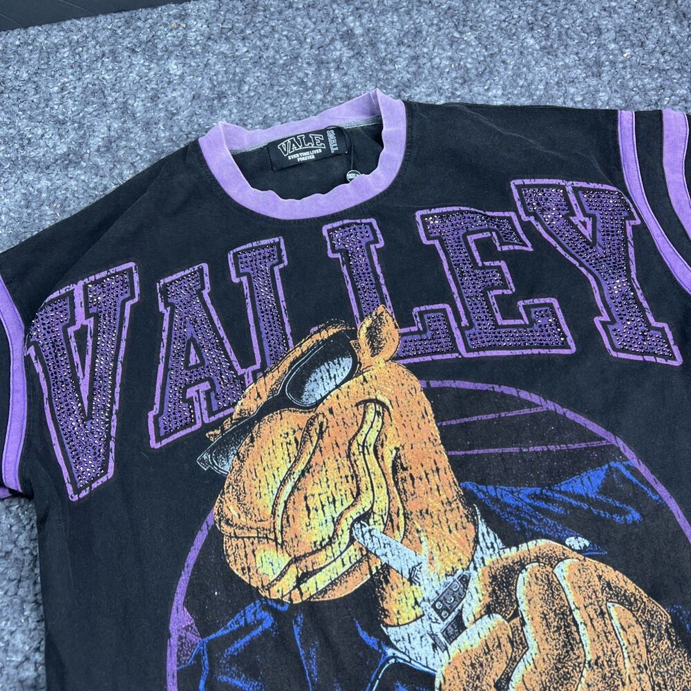 Vale Lives Joe Camel Bling T-Shirt Men's Size Medium Black/Purple Boxy Tee EUC